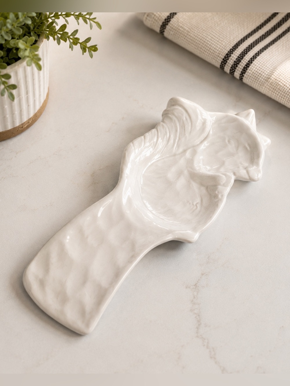 White Ceramic Squirrel Spoon Rest Farmhouse Kitchen Decor